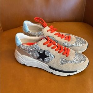 White Raven Silver Glitter Panel Light Suede Sneakers with Bright Orange Laces